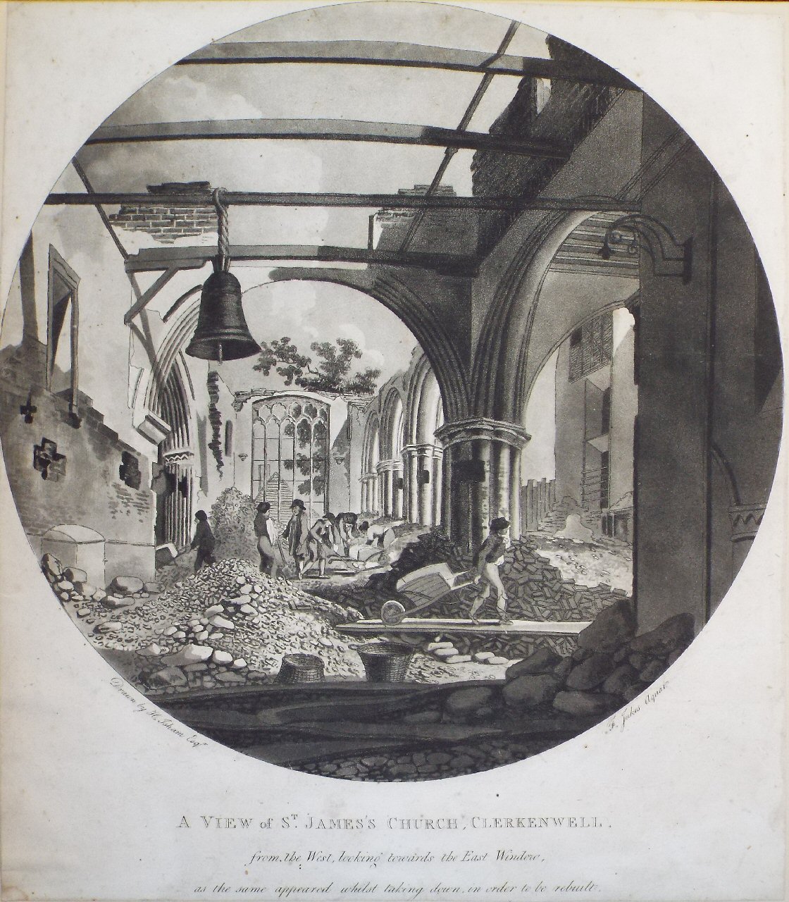 Aquatint - A View of St. James's Church, Clerkenwell. from the West, looking towards the East window, as the same appeared whilst taking down, in order to be rebuilt.  - Jukes